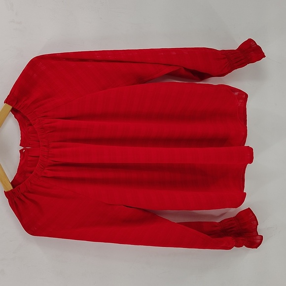 LOFT Smocked Cuff Blouse Red Size Small Lined Stretch Collar Peasant Top - Picture 3 of 9